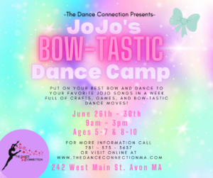 Colorful flyer for JoJo's Bow-Tastic Dance Camp with event details and playful design.