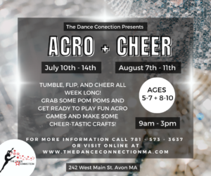 Flyers perform acro cheer stunts at a summer camp event for ages 5-18.